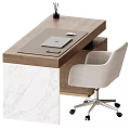Modern Home Office Desk With Marble Accent And Comfortable Fabric Rolling Chair Set For Workspace