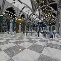 Elegant Banquet Hall Interior With Arched Ceiling Purple White Lighting And Decorative Chandeliers