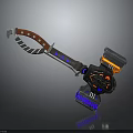 Mechanical Hammer Weapon With Red Handle Blue Accents Orange Black Components And Glowing Base