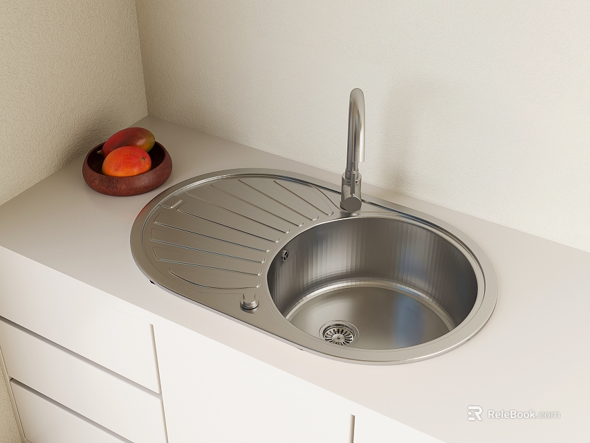 Modern Stainless Steel Kitchen Sink With Drainer On White Countertop And Fruit Bowl 3d model 