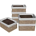 Square Wicker Storage Baskets with White Linen Lining and Brown Towels Inside