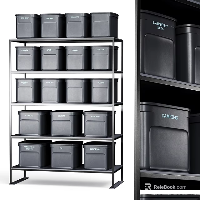 Black Metal Storage Shelving Unit With Multiple Layers And Storage Boxes For Organization 3d model 
