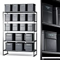 Black Metal Storage Shelving Unit With Multiple Layers And Storage Boxes For Organization 3d model