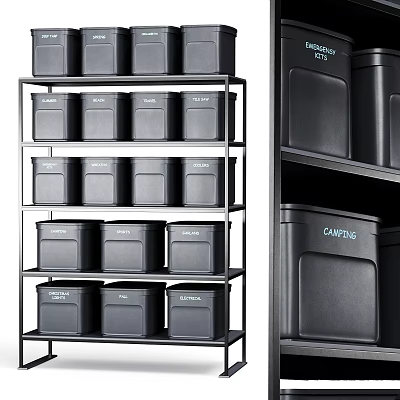 Black Metal Storage Shelving Unit With Multiple Layers And Storage Boxes For Organization 3d model