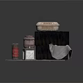 Piled Storage Containers Arrangement With Black Crates Red Barrel And Gray Cloth On Round Mat