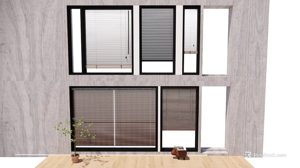 Different Styles Window Blinds With Gray Wall Wooden Floor And Small Potted Plant 3d model 