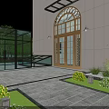Nighttime Garden Landscape At Building Entrance With Arched Glass Door Wall Lamps And Greenery