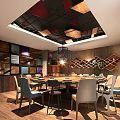 Stylish Restaurant Interior Design With Red Arch Wooden Ceiling Metal Decor And Warm Lighting