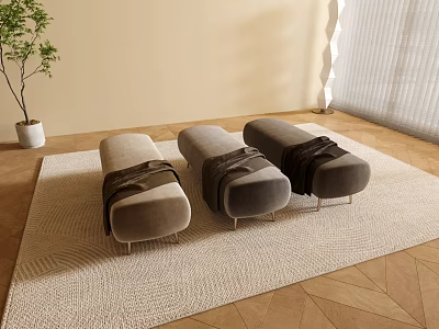 Modern Velvet Stools With Metal Legs Dark Straps On Beige Rug White Plant Curtains 3d model