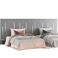Modern Single Bed with Pink Gray Bedding and Decorative Pillows on Wooden Wall