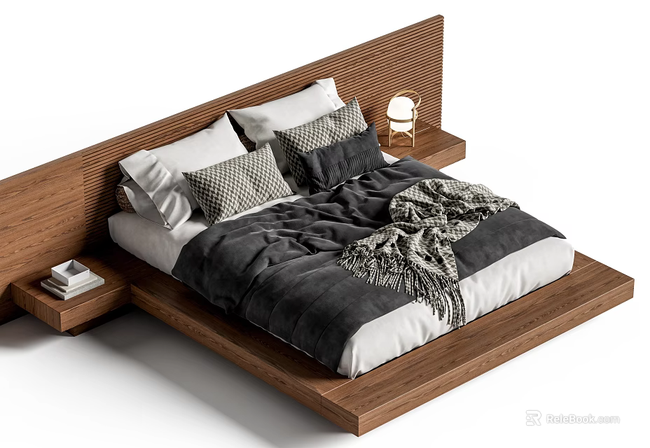 Modern Wooden Double Bed With Bedside Table Lamp Pillows And Cozy Blanket 3d model 