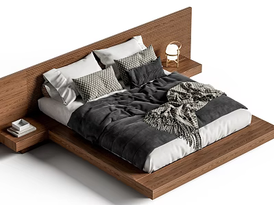 Modern Wooden Double Bed With Bedside Table Lamp Pillows And Cozy Blanket 3d model