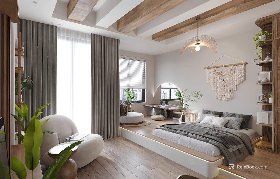 Modern Bedroom Interior With Wooden Ceiling Beams Gray Curtains Large Windows And Green Plants 3d model 