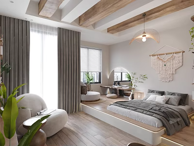 Modern Bedroom Interior With Wooden Ceiling Beams Gray Curtains Large Windows And Green Plants 3d model