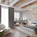 Modern Bedroom Interior With Wooden Ceiling Beams Gray Curtains Large Windows And Green Plants