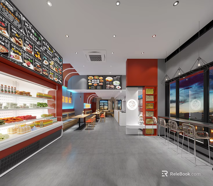 Modern Restaurant Interior With Menu Boards Food Display Cases Seating Area And Pendant Lights 3d model 