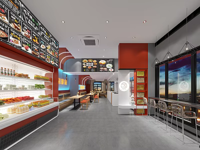 Modern Restaurant Interior With Menu Boards Food Display Cases Seating Area And Pendant Lights 3d model