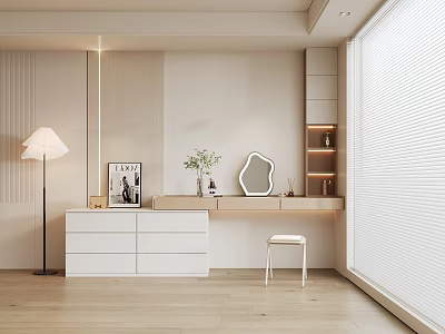 Modern Minimalist Vanity Design With White Cabinet Stool Mirror And Decorative Vase 3d model
