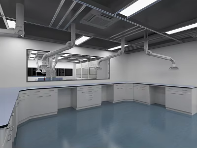 Modern Laboratory Interior Design With Lab Benches Cabinets And Ceiling Lighting 3d model