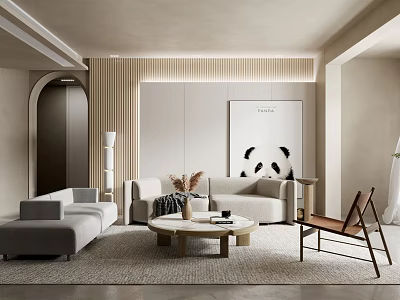 Modern Minimalist Living Room Interior With Beige Sofa Coffee Table And Panda Artwork 3d model