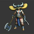 Warrior Character 3D Model With Horned Helmet Blonde Hair Blue Red Outfit Axe And Dagger