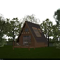 Scenic A Frame Wooden Cabin With Black Roof Large Windows Deck And Green Lakeside Trees