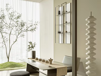 Modern Tea Room Interior With Wooden Table Tea Cups Olive Tree And White Curtains 3d model