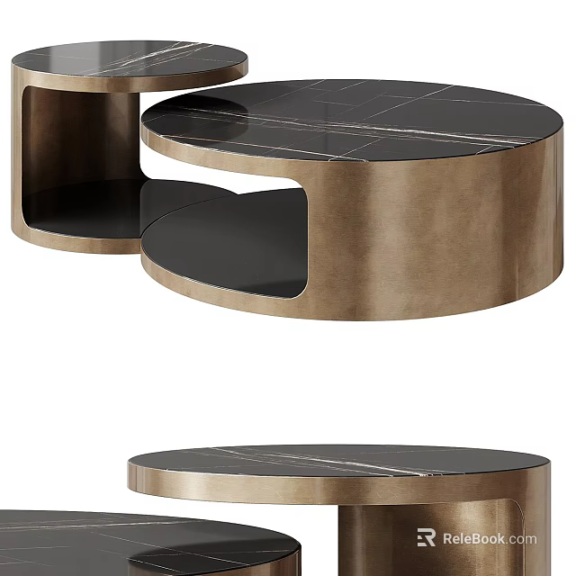 Modern Round Coffee Table With Marble Top Metal Frame And Lower Shelf 3d model 