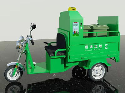 Green Electric Tricycle For Kitchen Waste Collection With Storage Bins 3d model