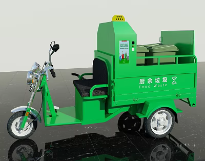 Green Electric Tricycle For Kitchen Waste Collection With Storage Bins 3d model