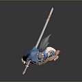 Mythical Humanoid Character With Gray Hair Blue Coat Orange Sash Armor And Weapon