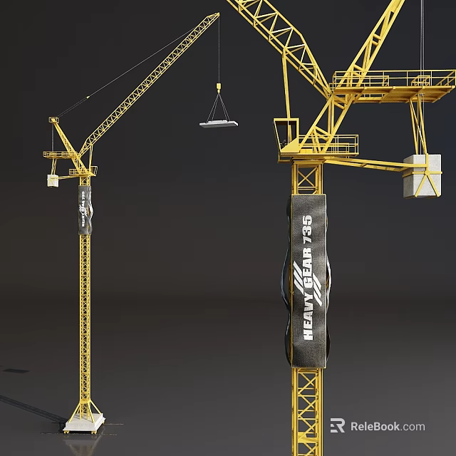 Industrial Equipment Two Yellow Tower Cranes One Lifting Object with SKY STRUCTURE Logo 3d model 