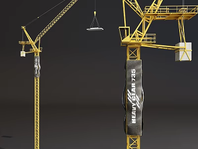 Industrial Equipment Two Yellow Tower Cranes One Lifting Object with SKY STRUCTURE Logo 3d model