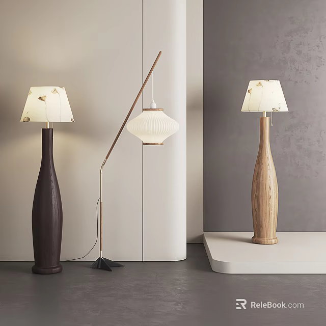 Modern Minimalist Floor Lamps With Different Styles Wooden Base And White Shade Decorative Patterns 3d model 