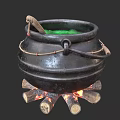 Black Cauldron With Green Liquid Wooden Spoon And Burning Logs