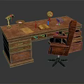 Wooden Desk With Green Lamp Globe Open Book And Brown Office Chair
