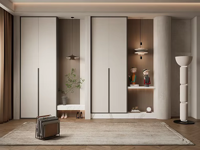 Modern Shoe Cabinet With White Doors Decorative Shelves And Potted Plant On Rug 3d model