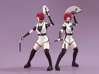 Female Ninja Red Hair Female Ninja Woman Japanese Woman Nunchaku Folding Fan Game Character 3d model