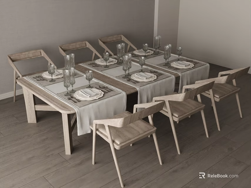 Minimalist Dining Table And Chairs Set With Tablecloth Tableware And Glasses 3d model