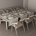 Minimalist Dining Table And Chairs Set With Tablecloth Tableware And Glasses 3d model