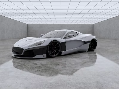 Sleek Silver And Black Sports Car In Modern Interior With Shiny Floor And Grid Ceiling 3d model