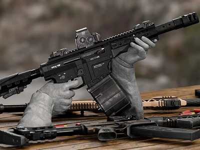 Hands Holding Tactical Firearm And Other Weapons On Wooden Table 3d model