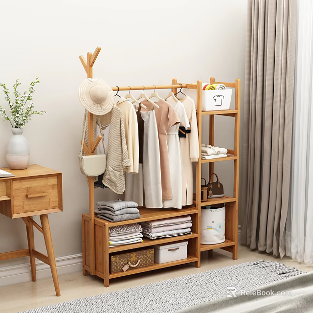 Modern Wooden Coat Rack For Organizing Clothes Bags In Bedroom 3d model 