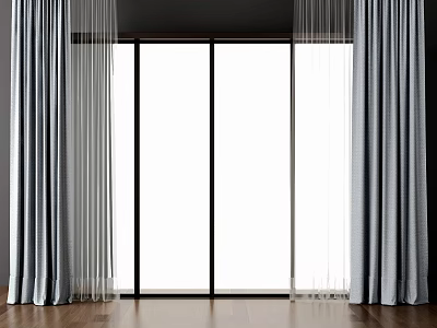 Gray Curtains For Floor To Ceiling Windows In Modern Interior With Wooden Floor 3d model