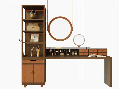 Modern Wooden Dressing Table With Round Mirror Open Shelves And Drawers 3d model