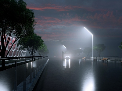 Street view in foggy evening 3d model