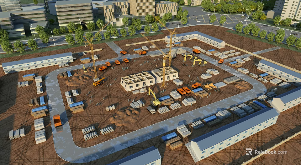 Busy Construction Site with Multiple Cranes Under Construction Buildings Vehicles and Materials 3d model
