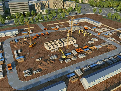 Busy Construction Site with Multiple Cranes Under Construction Buildings Vehicles and Materials 3d model