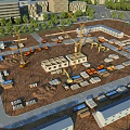Busy Construction Site with Multiple Cranes Under Construction Buildings Vehicles and Materials 3d model