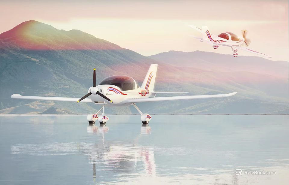 White Passenger Plane With Red Stripes Parked On Water And Flying Over Mountains At Sunset 3d model 